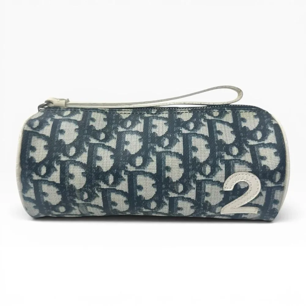 Christian Dior Clutch Bag Womens Small Blue Monogram Canvas Wristlet Purse